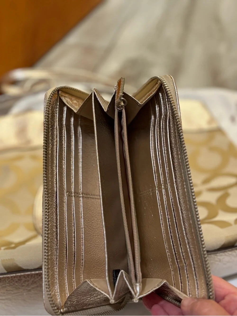 Coach Metallic Gold and Tan Signature Tote with Matching Wallet & Card Case